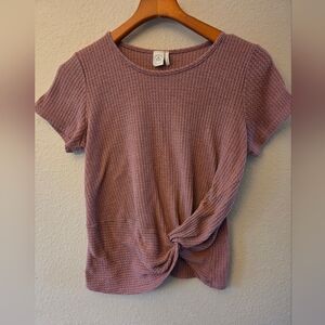 Paper Crane Mauve Pink Short Sleeve Knotted Tee Waffle Knit Texture